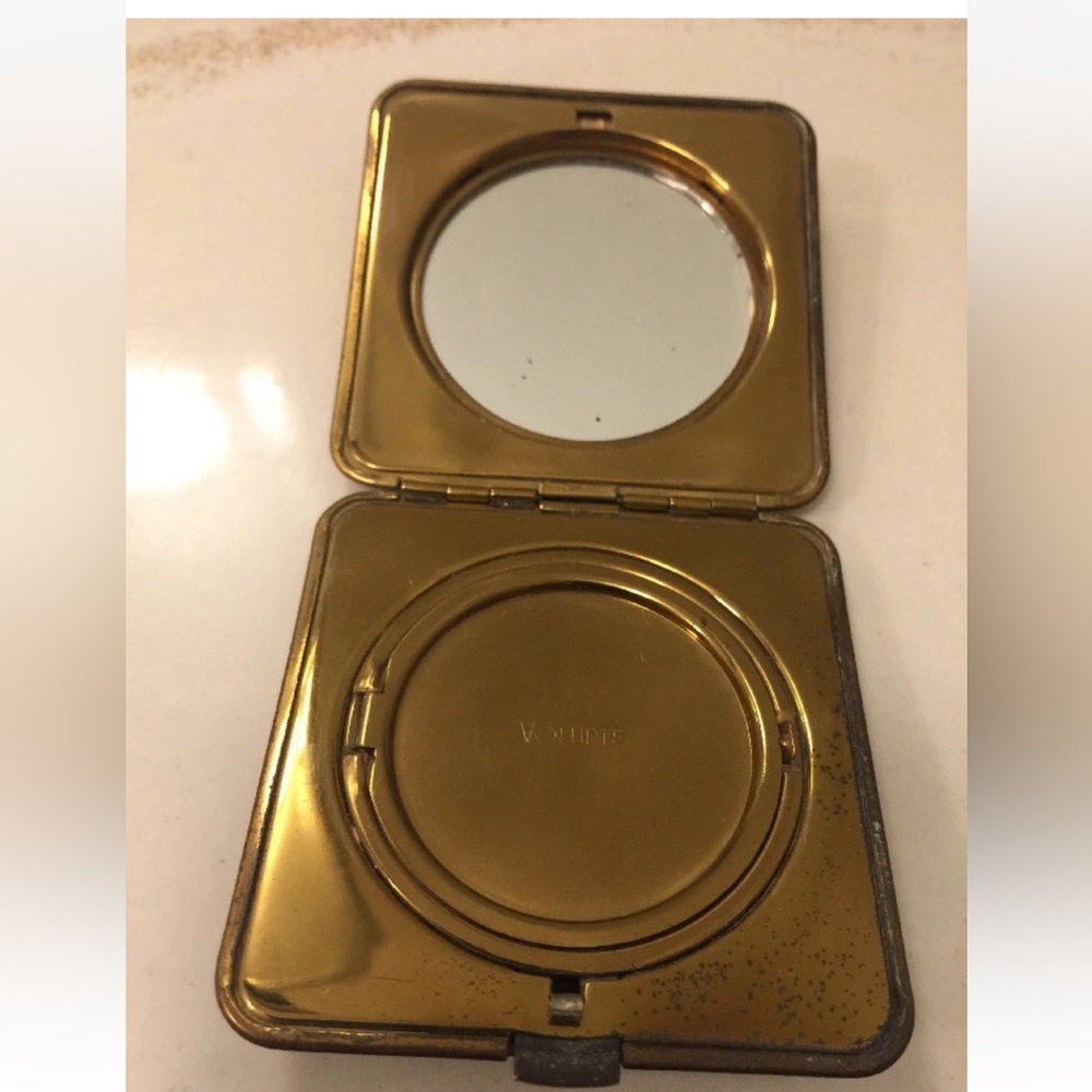 Vintage Volupte Gold Tone Art Deco Compact Mirror Vanity Powder Case - Picture 4 of 5